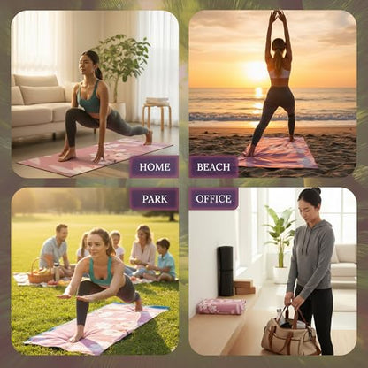 Multipurpose Yoga Mat Towel 72" x 26.5" - Cherry Blossom Design Fitness Towel with Non-Slip Silicone Grip, Quick Drying & Sweat Absorbent for Yoga, Pilates, Gym, Picnic & Outdoor Activities