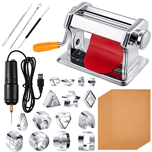 Amylove 51 Pcs Polymer Clay Pasta Machine Set with 36 Cutters USB Drill | Includes 10 Work Mats, 3 Sculpting Tools, Handheld Drill, Metal Cutters for Polymer Clay Earring and Jewelry Crafts Projects