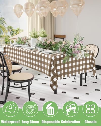Smiry 8 Packs Gingham Disposable Table Cloth, 54 x 108 Inch Waterproof Plastic Tablecloth, Rectangle Brown and White Checkered Table Covers for Picnic, Birthday, Party - color: Brown and White, size: 54"x108" (Pack of 8)