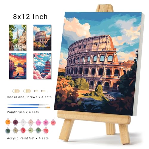 obterie 4 Pack Framed Paint by Numbers Kit for Adults Beginner Canvas Painting by Numbers for Adults Landscapes Easy Adult Paint by Number Kits with Frame City Watercolor Painting by Number 8x12 Inch - color: YFc0104