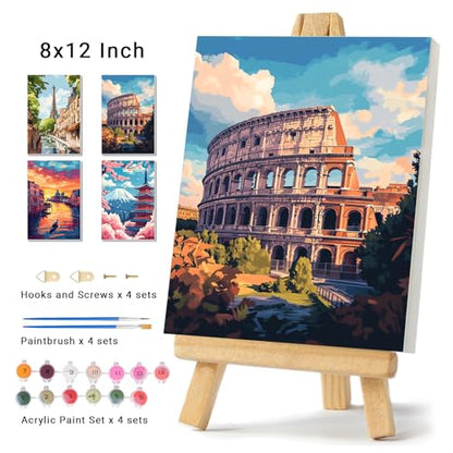 obterie 4 Pack Framed Paint by Numbers Kit for Adults Beginner Canvas Painting by Numbers for Adults Landscapes Easy Adult Paint by Number Kits with Frame City Watercolor Painting by Number 8x12 Inch - color: YFc0104
