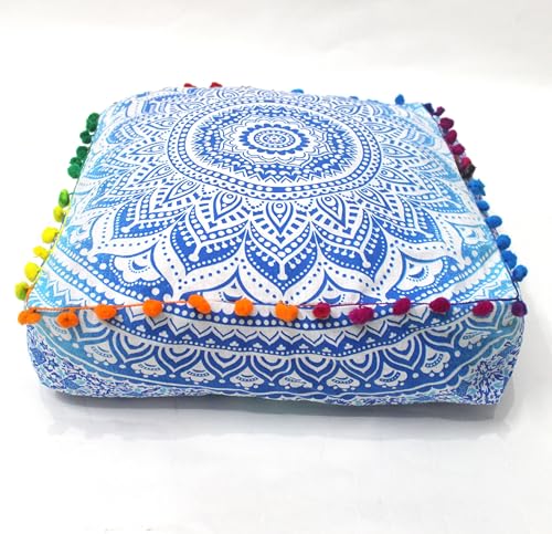 CK 40.6x40.6x12.7cm(16x16x5인치) 정사각형 바닥 쿠션 커버, 블루 옴브레 만다라 푸프 커버, 면 오토만 베개 커버, 보헤미안 장식 명상 바닥 베개 커버 거실, 침실 및 요가용(커버만 해당) - color: 파란색과 흰색., size: 16"D x 16"W x 5"H