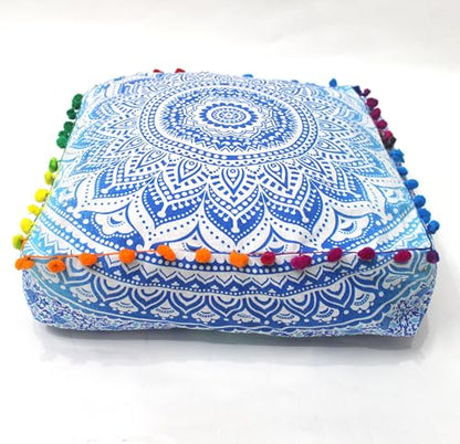 CK 40.6x40.6x12.7cm(16x16x5인치) 정사각형 바닥 쿠션 커버, 블루 옴브레 만다라 푸프 커버, 면 오토만 베개 커버, 보헤미안 장식 명상 바닥 베개 커버 거실, 침실 및 요가용(커버만 해당) - color: 파란색과 흰색., size: 16"D x 16"W x 5"H