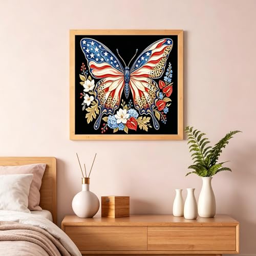 Diamond Art Painting Kits for Adults, Patriotic American Flag Butterfly Full Drill Diamond Dots Paintings for Beginners, Round 5D Paint with Diamonds Pictures Gem Art Painting Kits DIY Crafts Kits - color: Patriotic Butterfly
