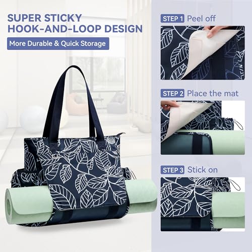 WLLWOO Thick Yoga Mat Bag Women Gym Tote Breathable Mesh Holder Wet Pocket - color: Navy Blue Leaf