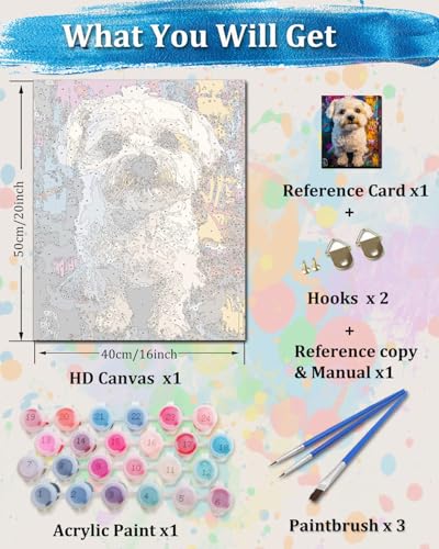 TOCARE Maltese Paint by Numbers Kit for Adults Beginner, Dog Paint by Number Canvas Kit, Acrylic Adults' Paint-by-Number Kits for Dogs Lovers 16x20inch (Without Framed) - color: TC-OPC-361