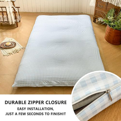Light Blue Gingham Japanese Floor Mattress Futon Cover, Queen - color: Light Blue Gingham, size: Queen