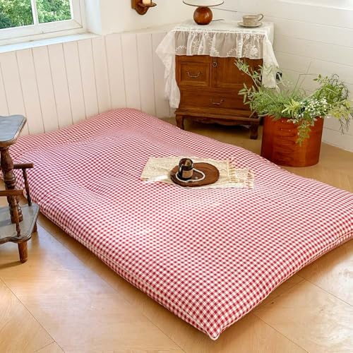 Red Gingham Japanese Floor Mattress Futon Cover, Queen - color: Red Gingham, size: Queen
