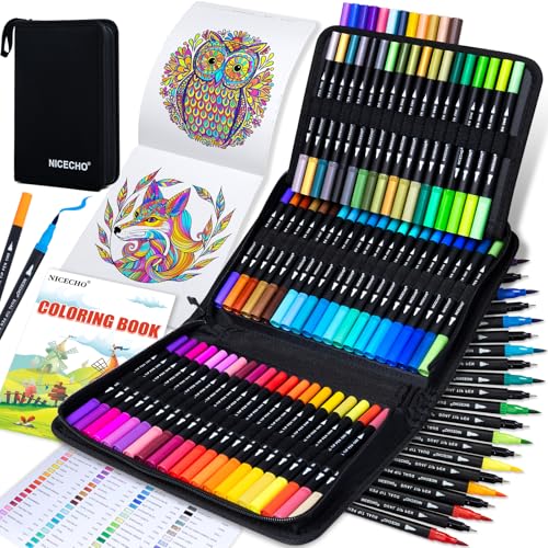 Nicecho 72 Colors Dual Tip Art Markers Pens for Adult Coloring Books | Brush Tip + Fine Tip, Coloring Marker for Drawing Journaling Note Taking Lettering, Durable Case - color: 72 Colors