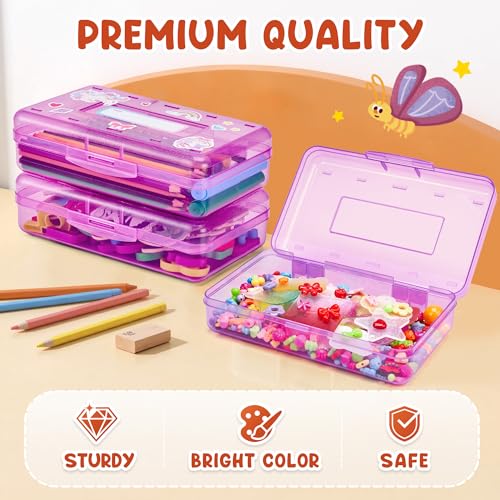 GAMENOTE Plastic Pencil Box with Personalized Sticker,Large Capacity,Purple | Kid Large Hard Pencil Case with Snap-tight Lid, Small Art Craft Storage Containers, School Supply Box for Boys, Girls - color: Purple