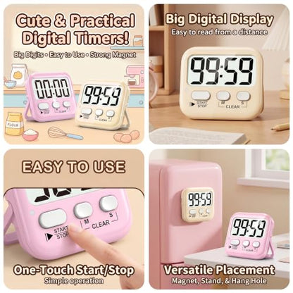 Antonki 2 Pack Digital Timer for Kids Classroom Kitchen Timers for Cooking | w/ Battery, Easy to View, Alarm, Mute Mode, Count Down/Up, Magnetic, Kickstand, Hanging, Classroom Timer for Teacher Supplies - color: 2 * Lovely Pink + Light Peach
