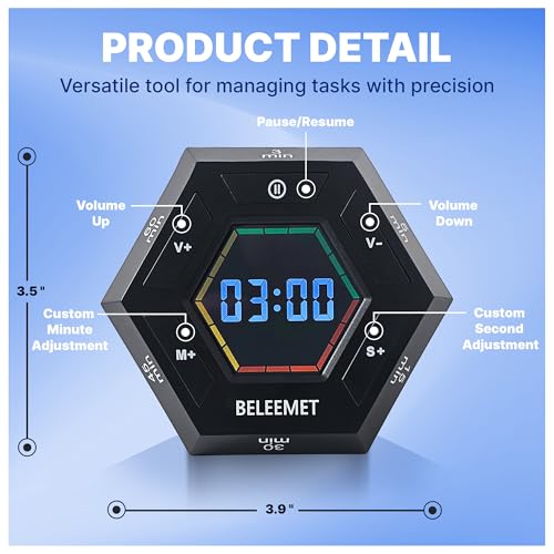 Pomodoro Timer,Hexagon Cube Magnetic Flip,ADHD Tools for Adults/Kids Task Timer for Office, Study, Exercise, Meditation,3/5/15/30/45/60min&Custom Digital Countdown, Adjustable Sound,Black