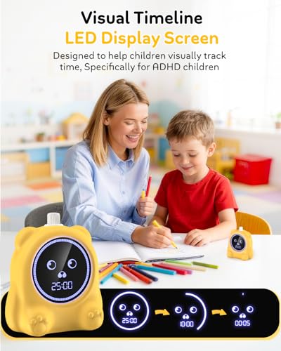 199 Min Visual Timer for Kids, 2 Min teenth Brushing, Cute Bear Deign | Adjustable Sound Alert, Productivity Timers for ADHD, Silent Operation, Desk Time Management Tool for Toddler - color: Yellow