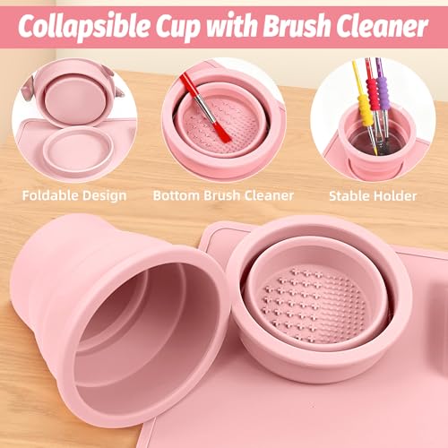 Silicone Painting Mat, 23.6x15.8in Art Drawing Mat with Brushes | For children DIY art watercolor clay use, table protection craft mat, painting station with cup palette cleaning cup, pink - color: Pink