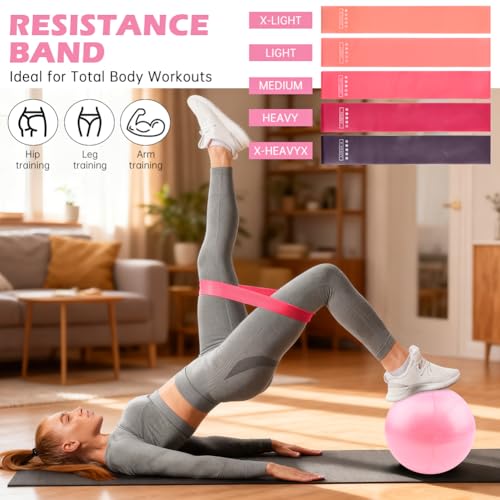 Pilates Essentials Kit for Women, 14 Pcs Pilates Equipment for Home Workouts with Yoga Circle Ball Ring, 5 Resistance Bands,Pedal Puller Resistance Band - color: Pink