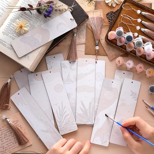 Kosiz 12 Pcs Boho Paint by Number Kit for Adult Wood Bookmark | Mini Paint by Numbers Kit, Painting Decor, Tassels Blank Bookmarks, for Small DIY Craft Book Lovers Gift 7x2 '' - style: Boho