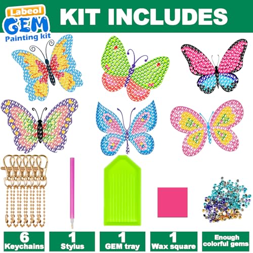 Labeol Arts and Crafts for Kids - Creat Your Own GEM Keychains-5D Diamond Painting by Numbers GEM Kits for Kids Girls Toddler Age 6-7 6-8 10-12 - style: butterfly