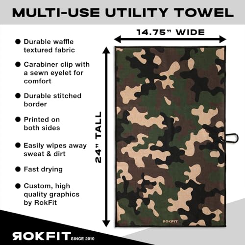 RokFit Gym & Golf Towel – Multi-Use, Quick-Dry, Durable Utility Towel with Bold Graphic and Carabiner Clip (Camo) - color: Camo