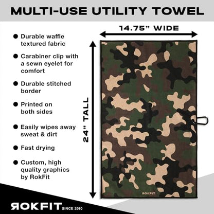 RokFit Gym & Golf Towel – Multi-Use, Quick-Dry, Durable Utility Towel with Bold Graphic and Carabiner Clip (Camo) - color: Camo