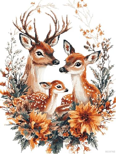 MIJVFNB DIY Cross Stitch Kit for Beginners Family of Deer with Fawn in Autumn Floral Wreath 11CT Embroidery Kit with Pattern Stamped Needlepoint Craft Kit 30x40cm