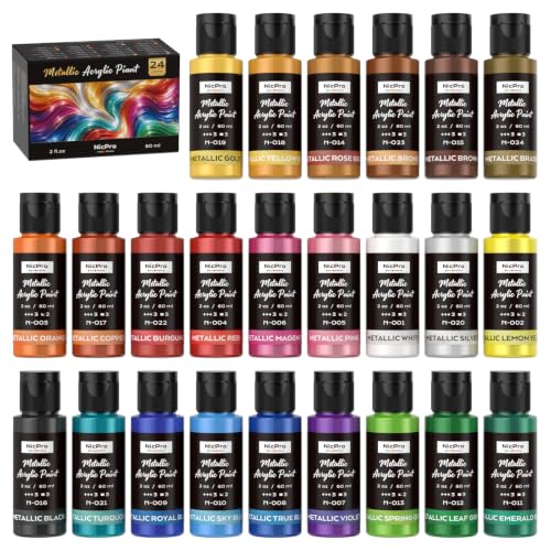 Nicpro 24 Colors Metallic Acrylic Paint Set, Pearlescent Acrylic Paint | 2oz/60ml Each, Non Toxic Non Fading Craft Paint for Wood, Clay, Metal, Canvas, Furniture, Handcraft, Model, Art Supplies - color: 20 Metallic Colors-2oz