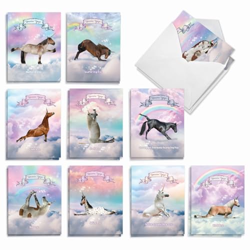 The Best Card Company - 20 Blank Yoga Animal Cards (4 x 5.12 Inch) - All Occasion Set (10 Designs, 2 Each) - Rainbow Unicorn Yoga AM3198OCB-B2x10 - style: Rainbow Unicorn Yoga