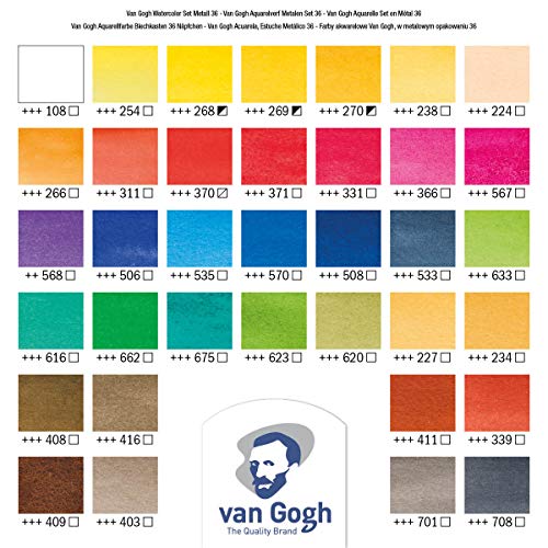 Van Gogh Watercolor Paint Set, General Selection, 36 Half-Pan | Professional-Grade Watercolor Paint with High Lightfastness, Intense Colors with Uniform Viscosity - color: 36 General (Metal Tin), style: Half Pan