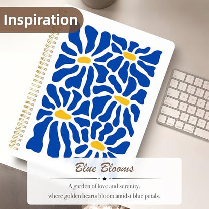 Cute Spiral Notebook journal A4 Aesthetic Pretty Design for Women Girls Kawaii with Pocket, 8.5 x 11 inch, Lined, Blue Flower - color: Blue Flower, style: Lined