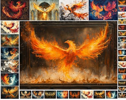 Decoupage Paper Pack (35 Sheets 6"x8") Phoenix Fire Ballet ~ Fiery phoenixes soar and Spiral in Brilliant Flame and ash Across Vivid Mythological Skies in Painterly Fantasy compositions - color: Five