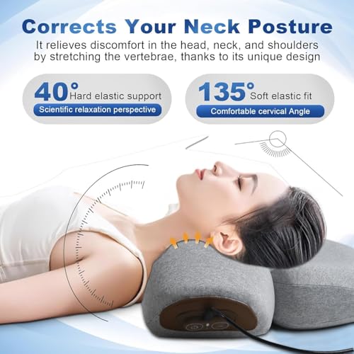 3-in-1 Neck Massager Pillow, Traction Massager with Massage Hot Compress Traction Stretching, Pillow Massage Neck Hump with 118-inch Extra-Long Cord, Light Gray - color: Light Gray