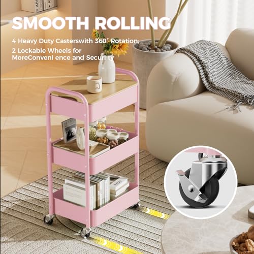 3-Tier Rolling Cart with Table Top, Metal Utility Cart on Wheels | Sturdy Storage Organizer Cart with Lockable Wheels&Hooks for Craft, Office, Classroom, Kitchen and Bathroom, Pink - color: Pink