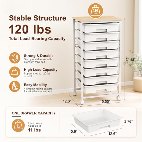 LEHOM Rolling Storage Cart with 8 Drawers, Utility Cart on Lockable Wheels | Metal Frame and Wooden Tabletop for Living Room Bedroom Dorm, Office Storage & Art Supply Craft Organizer for Classroom,White - color: White