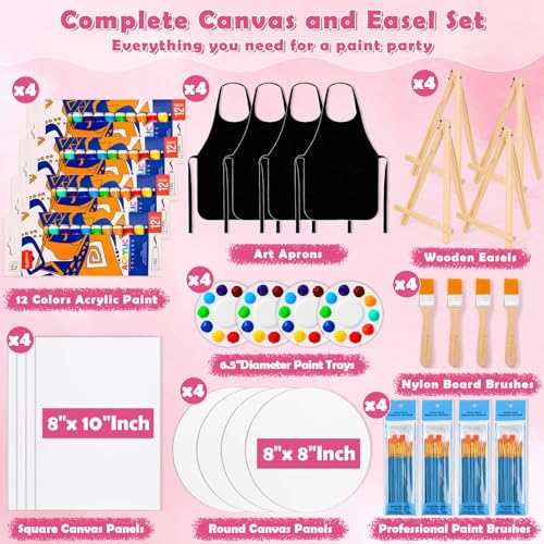 Canvas Painting Kit, 108Pcs Sip and Paint Kit for Adults Couples Date Night | 8x10 Inch Canvas with Easel Stands, Small Paint Brushes, Acrylic Paints Set Paint Party Supplies, Valentines Day Painting Kit