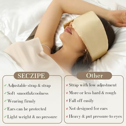 SECZIPE 100% Mulberry Silk Sleep Mask Eye Mask for Women Man with Adjustable Band, for Side Sleeper Blackout Sleep Mask for Travel Rest and Office (Gold) - color: Gold