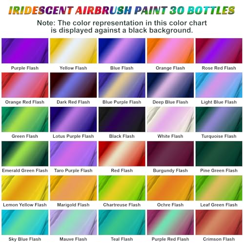 HOMY ARTY Iridescent Airbrush Paint - 30 Colors with 4.05 fl oz Thinner and | 4.05 fl oz Primer, Ready to Spray Acrylic Airbrush Paints, Water-Based Iridescent Air Brush Colors for Plastic Model, Canvas