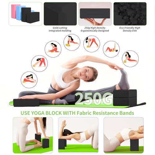 DICYWUDI Yoga Mat Thick, 6 Fabric Resistance Bands, 2 Pack Yoga Blocks, Home Workout Equipment Essentials Starter Kit for Beginners Full Body Toning - color: Black