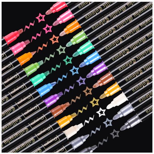Sunshilor Metallic Markers Calligraphy Metallic Marker Pens Dual Tip Chisel and Medium Point Pens for Black Paper, Rock Painting, Easter Egg, Halloween Pumpkin, Card Making, Metal, Ceramic, Wine Glass - style: Dual Tip