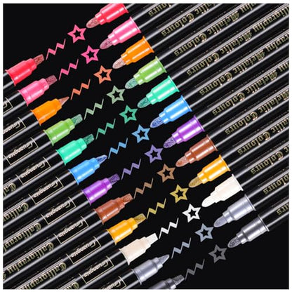 Sunshilor Metallic Markers Calligraphy Metallic Marker Pens Dual Tip Chisel and Medium Point Pens for Black Paper, Rock Painting, Easter Egg, Halloween Pumpkin, Card Making, Metal, Ceramic, Wine Glass - style: Dual Tip