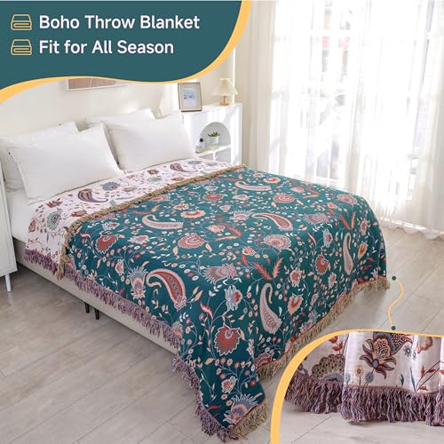 100% Cotton Boho Throw Blanket for Bed White Flowers 90"x98" - color: Cashews, size: 90"x98"