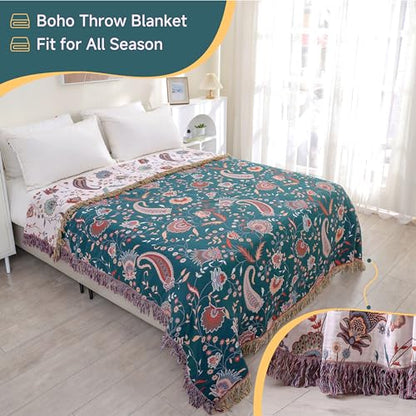 100% Cotton Boho Throw Blanket for Bed White Flowers 90"x98" - color: Cashews, size: 90"x98"