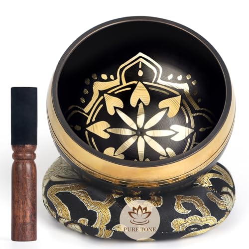 AKLOT HandMade Meditation Singing Bowl: Tibetan Sound Bowl Set with Pure Tone, Sound Bath Bowl with Cushion, Mallet, Spiritual Gift for Chakra Clearing, Mind Healing, Yoga, Prayer, Relaxation (4 Inch) - color: 4inch Black