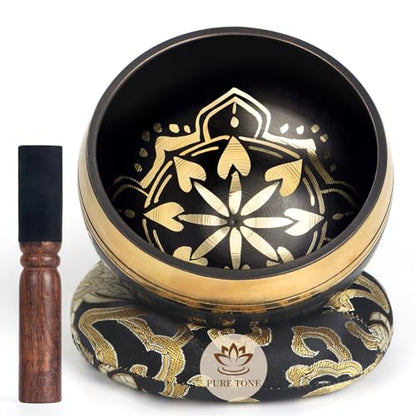 AKLOT HandMade Meditation Singing Bowl: Tibetan Sound Bowl Set with Pure Tone, Sound Bath Bowl with Cushion, Mallet, Spiritual Gift for Chakra Clearing, Mind Healing, Yoga, Prayer, Relaxation (4 Inch) - color: 4inch Black