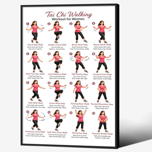 Tai Chi Walking Workout for Women Poster 8x12 inch Aluminum Framed Wellness Exercise Chart Canvas Wall Art Balance and Mindful Movement Exercise Prints Living Room Office Apartment Wall Decor - color: Pink, size: 12"L x 8"W, style: Aluminum Framed