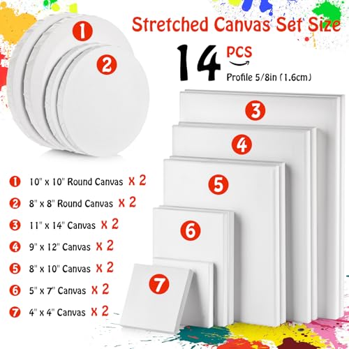 Stretched Canvas - 4x4, 5x7, 8x10, 9x12, 11x14 and Round Canvas 8x8, 10x10 (2 of Each) Total 14 Canvas Pack - 100% Cotton Blank Canvases for Oils Acrylics and Pouring - size: 14 Packs -7 Sizes (2 of Each)