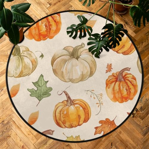 Autumn Pumpkin Leaves Round Area Rug 5Ft Thanksgiving Harvest Circle Carpet - color: Pumpkin Leaves, size: 5 ft