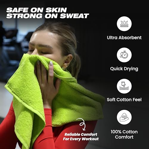 EOC Sports Towel 2 Pack, 100% Cotton, 12x51 in, Lime Green | Oeko-Tex certified, ultra absorbent, quick drying, for gym, fitness and yoga - color: Neon Green