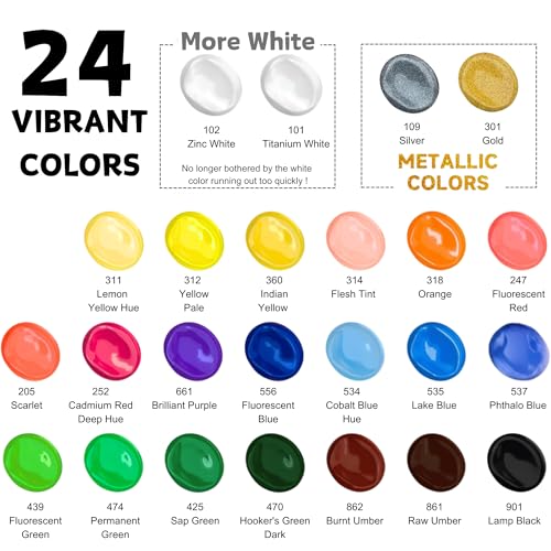 HUAL Acrylic Paint Set With 5 Brushes, 24 Colors (60ml, 2oz) for Artists Kids Beginners & Painters,Model/Canvas/Rock/Fabric/Glass/Stone/Ceramic/Wood Painting, Non Toxic - color: White Bottle