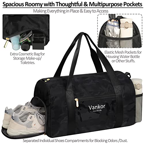 Vankor Gym Bag for Women, 17.5 inch Sports Duffle Bag with Shoe Compartment - color: Camo Black