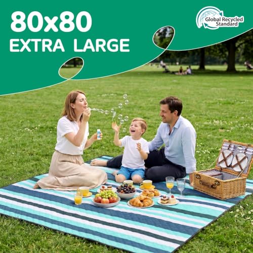 RYCHIC Waterproof Beach Blanket Picnic Mat Outdoor Rug Extra Large Sandproof Portable XL Big Towel Umbrella Folding Pop Tent Shelter Shade Canopy Ball Fan Bag Manta Playa Wedding Registry Must Have - color: Multi Blue