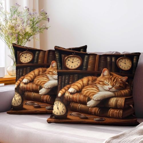 Cat Throw Pillow Covers 18x18 Set of 2 | Book Lover Decorative Cushion Covers | Dark Academia Library Kitten Pillowcases for Sofa Couch Bed Reading Room Home Decor - color: Cat Book